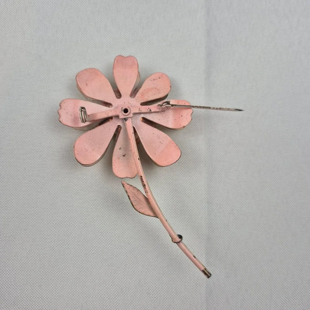 Vtg Enamel Flower Brooch‎ Pink Green Daisy 3.5